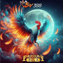 a poster for museum bola with a rooster flying in front of a full moon