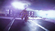 a purple and gold robot is walking on a purple surface .