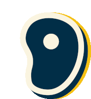 a blue and yellow icon of a steak with a white dot in the middle