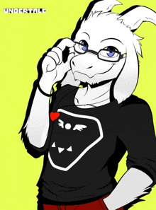 a drawing of a goat wearing glasses and a black shirt with the word undertale on it