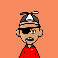 a cartoon of a man wearing a hat and a mcdonald 's shirt