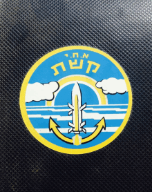 a blue and yellow logo with a sword and anchor