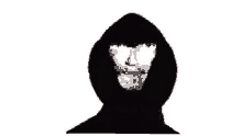 a black and white drawing of a person with a hood on