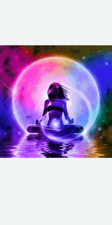 a painting of a woman sitting in a lotus position in front of a colorful sphere