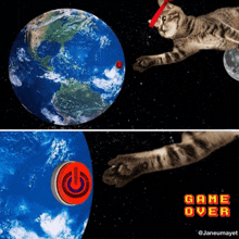 a picture of a cat flying over the earth and a game over sign