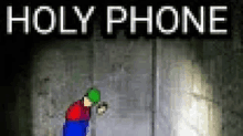 a pixel art of a person standing in a dark room with the words `` holy phone '' written on the bottom .