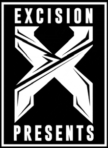 a black and white logo for excision presents with a crossed x