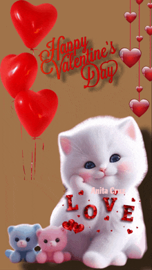 a happy valentine 's day greeting with a white kitten