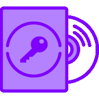 a purple icon of a cd with a key in the middle .