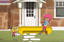 a girl with pink hair is standing in front of a brick house