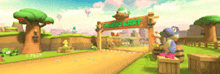 a video game scene with a sign that says mario kart on it