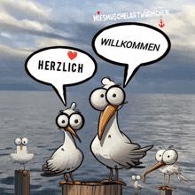 a cartoon of seagulls standing on a dock with speech bubbles that say herzlich and willkommen