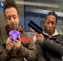 two men are sitting on a train with one holding a diamond and the other holding a sign that says translate post