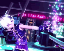 a video game character is dancing in front of a sign that says " age again "