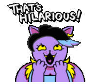 a cartoon of a purple cat with the words that 's hilarious