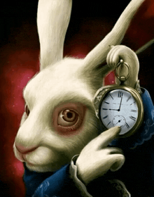 a white rabbit is holding a pocket watch and pointing to the time
