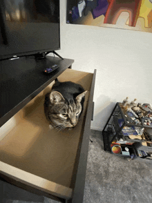 a cat is laying in a drawer next to a tcl television