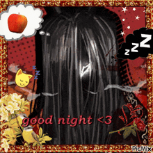 a picture of a girl with long hair and the words good night < 3 on the bottom