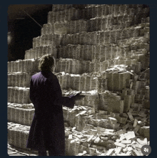 a man in a purple coat is standing in front of a stack of money