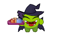 a green cartoon character wearing a witch hat is holding a tray of cups of hot chocolate