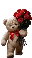 a teddy bear is holding a bouquet of red roses with a red bow