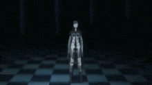 a woman is sitting on a checkered floor with her arms outstretched in a dark room .