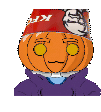 a pixel art of a pumpkin with a kfc bag on top of it .