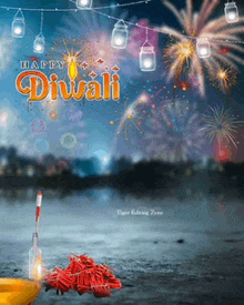 a happy diwali poster with fireworks and a boat in the water