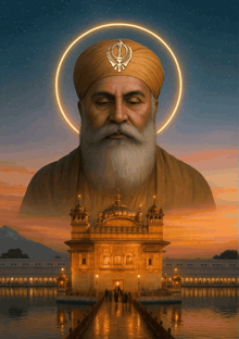 a man with a beard and a turban stands in front of a golden building