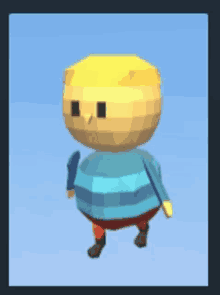 a low poly cartoon character with a blue striped shirt and red pants