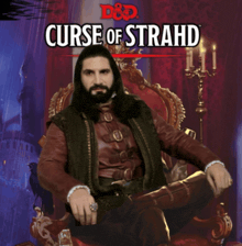 a poster for curse of strahd with a man in a chair