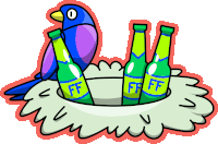 a bird is sitting on a nest with three bottles of ff in it