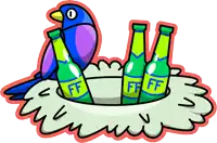 a bird is sitting on a nest with three bottles of ff in it