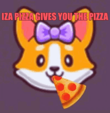 a cartoon dog with a purple bow on its head is eating a slice of pizza .