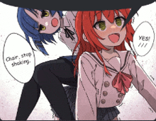 a girl with red hair is being lifted by another girl with blue hair