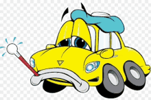 a cartoon car with a thermometer sticking out of its mouth