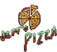 a pixel art drawing of a pizza with the word pizza below it