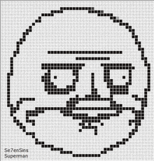 a black and white pixel art of a man 's face with glasses and a beard .