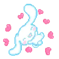 a pixel art of a white cat with pink hearts around it .