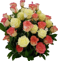 a bouquet of white and pink roses with greenery