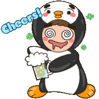 a cartoon of a man dressed as a penguin holding a mug of beer with cheers written above him