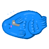 a cartoon drawing of a blue fish with bubbles on its body