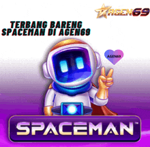 an advertisement for spaceman with a robot giving a peace sign