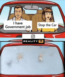 a cartoon of a man and a woman in a car with a caption that says i have government job