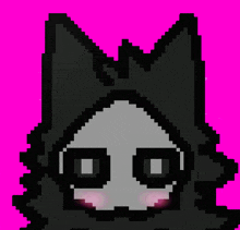 a pixel art drawing of a black and white cat with a pink background .