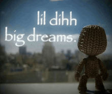 a knitted doll is standing in front of a window with the words lil dihh big dreams written above it