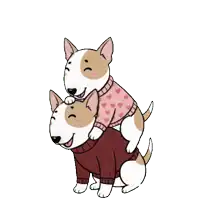 two dogs wearing sweaters with hearts on them are hugging