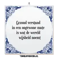 a blue and white tile with the words gezond verstand in een ongewone mate is wat de wereld wijsheid noemt on it