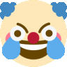 a cartoon clown with blue hair and tears in his eyes is smiling .