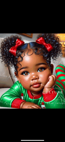 a baby girl with curly hair and a red bow in her hair is laying on a couch in a painting .